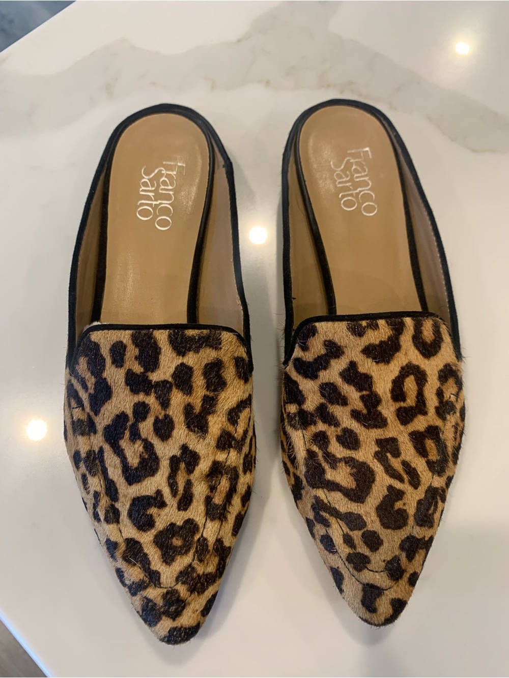 Franco Sarto Leopard Print Pointed Slip-On Mules - Tan & Black